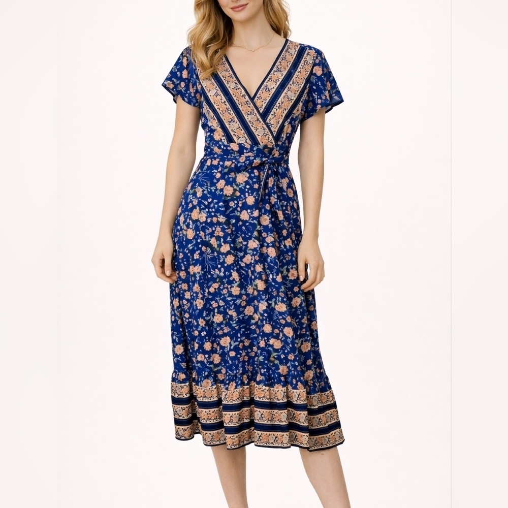 VTG ZESICA 1990s Royal Blue Floral Surplice Wrap Dress